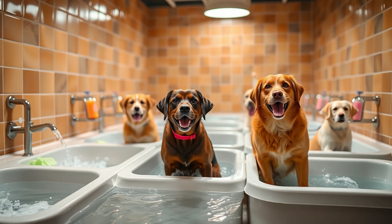 Dog wash near me featuring a vibrant self-service station with happy dogs enjoying their baths.