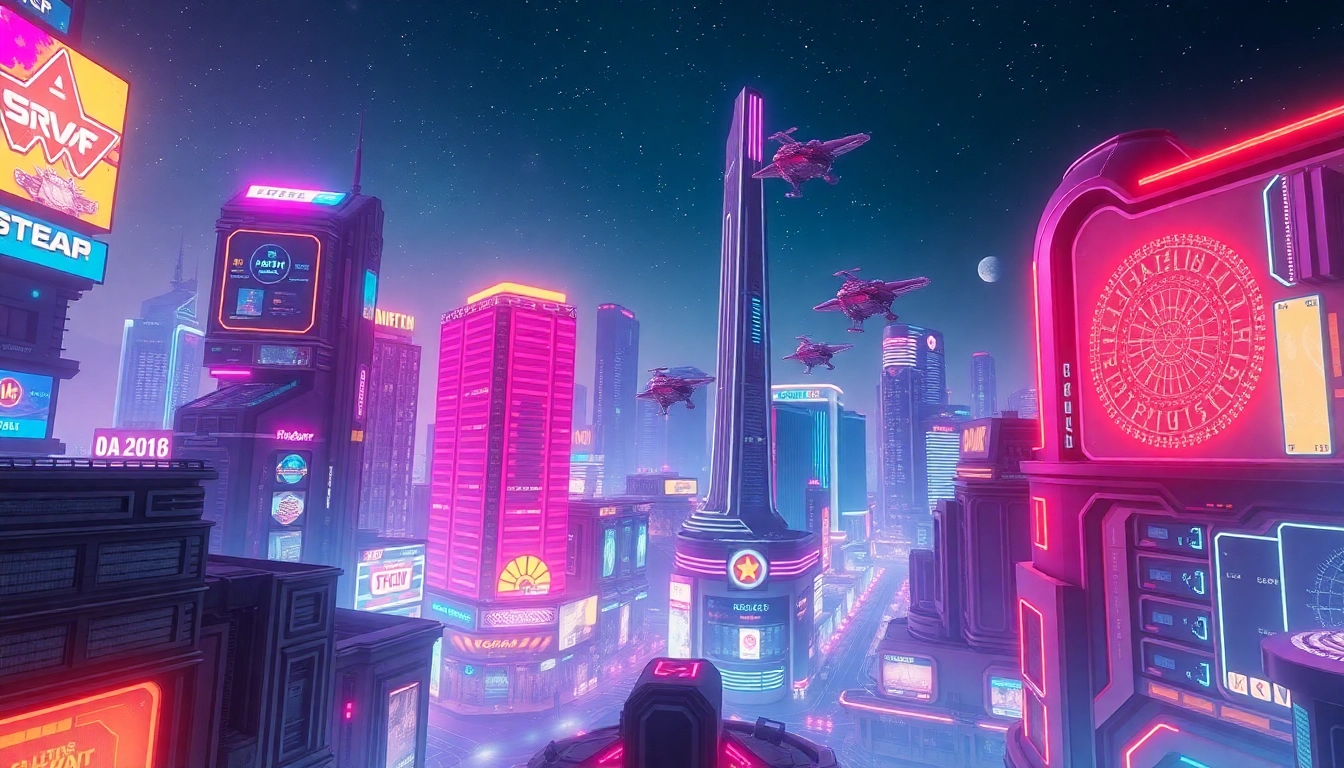 Technology-driven futuristic cityscape with neon lights and innovative architecture.