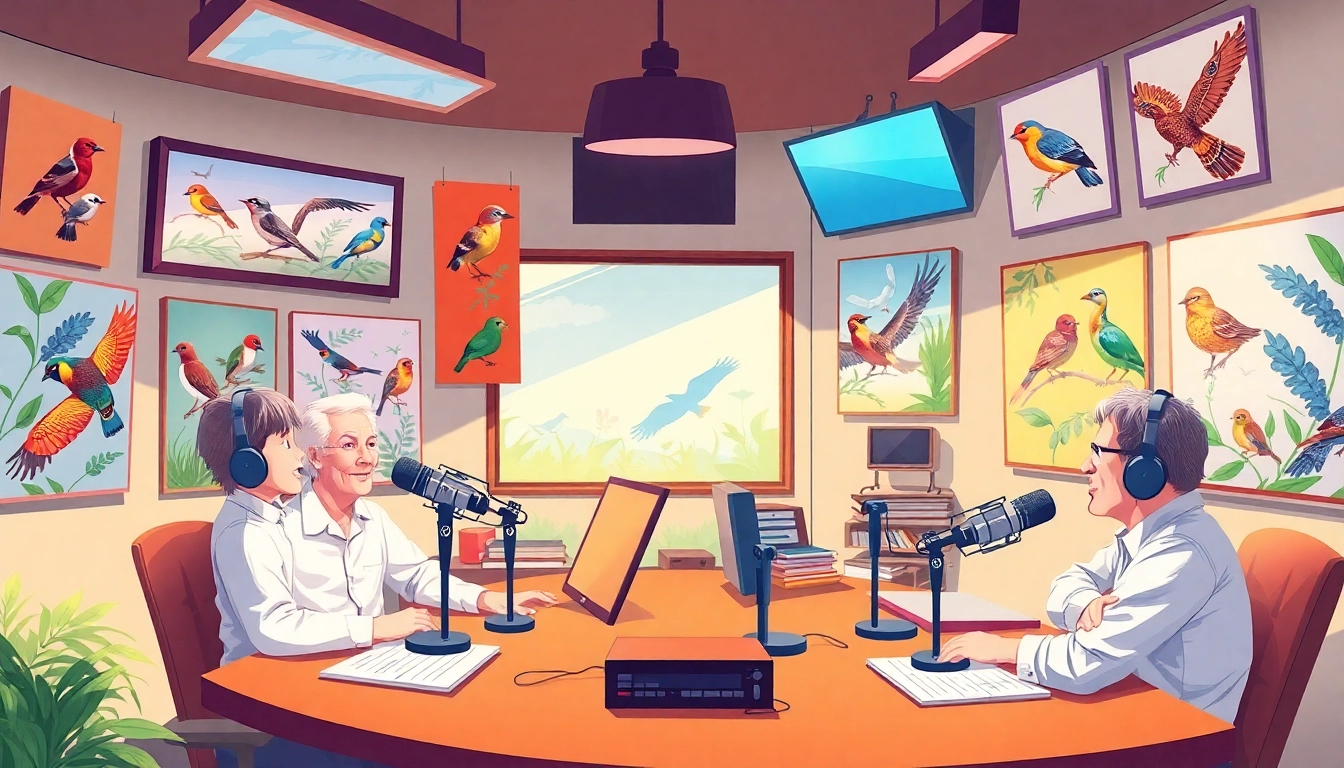 Bird Talk Radio hosts discussing wild birds and nature with colorful bird posters in the studio for engaging visual appeal.