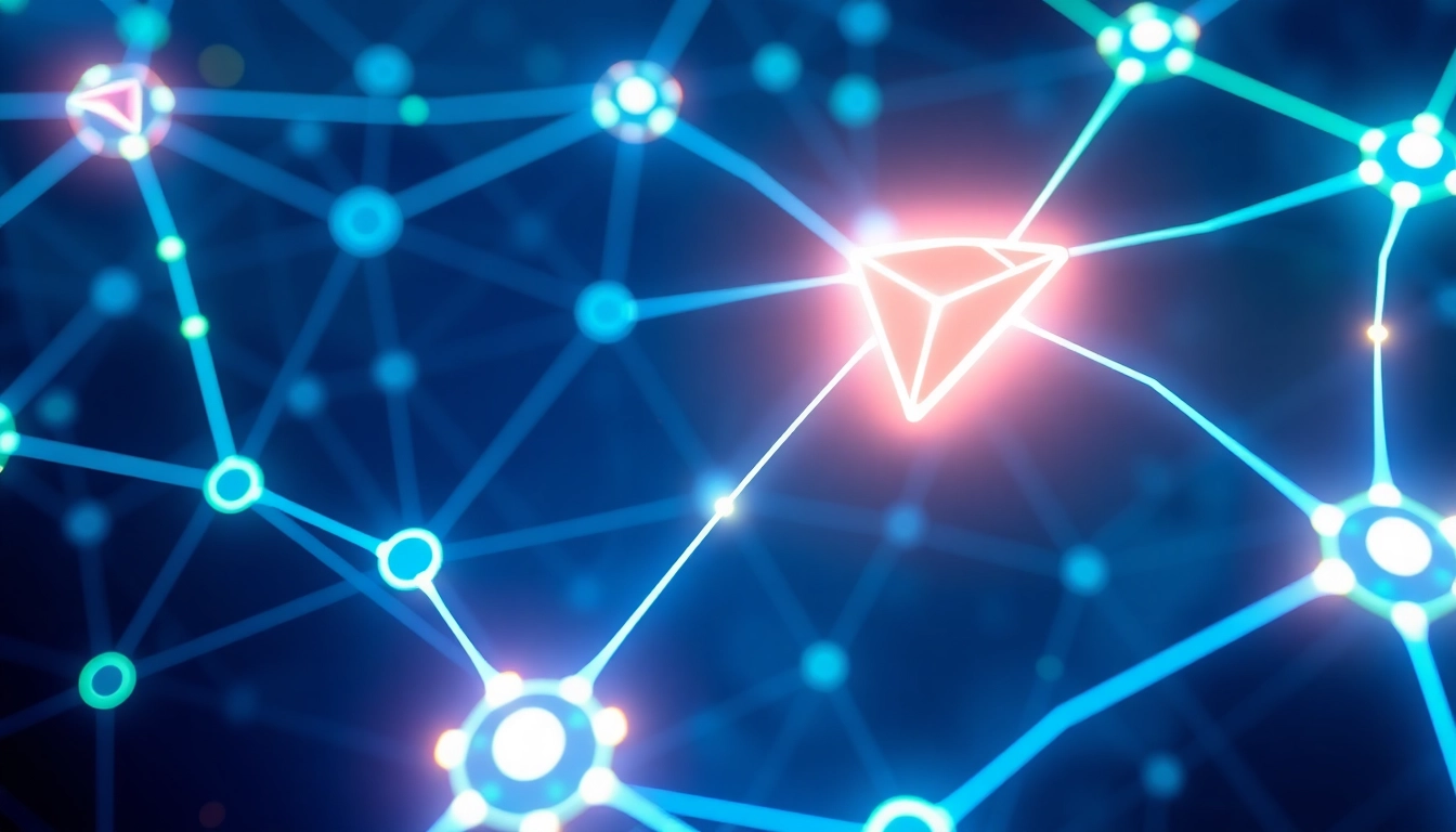 Visually appealing visual representing tron energy on blockchain, with glowing nodes and dynamic energy flow, highlighting security and efficiency for users and developers.