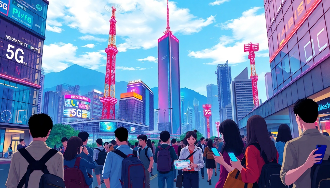 香港都市中，展示5G通信技術的未來感城市景觀，市民使用智慧手機和平板，彰顯高速網絡連接。