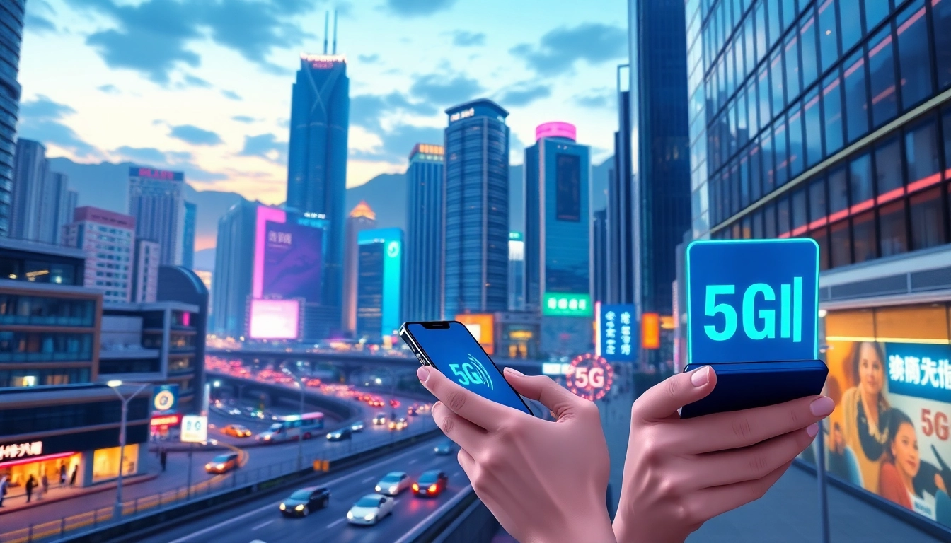 香港夜景背景中,一位年輕專業人士正使用手機,展示5G信號,代表高速連線與科技未來。
