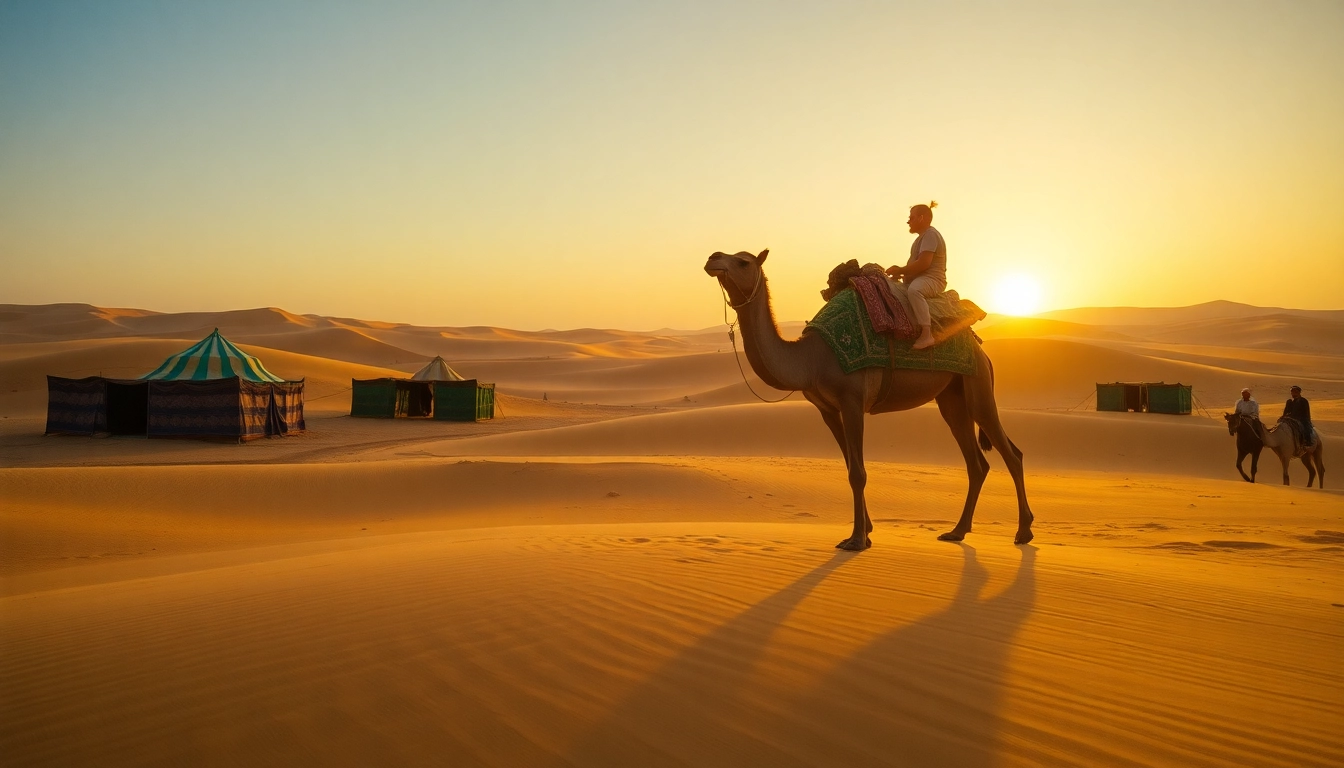 Captivating scene of a camel caravan crossing the Moroccan dunes during a 15 days tour in Morocco, under a sunset sky.