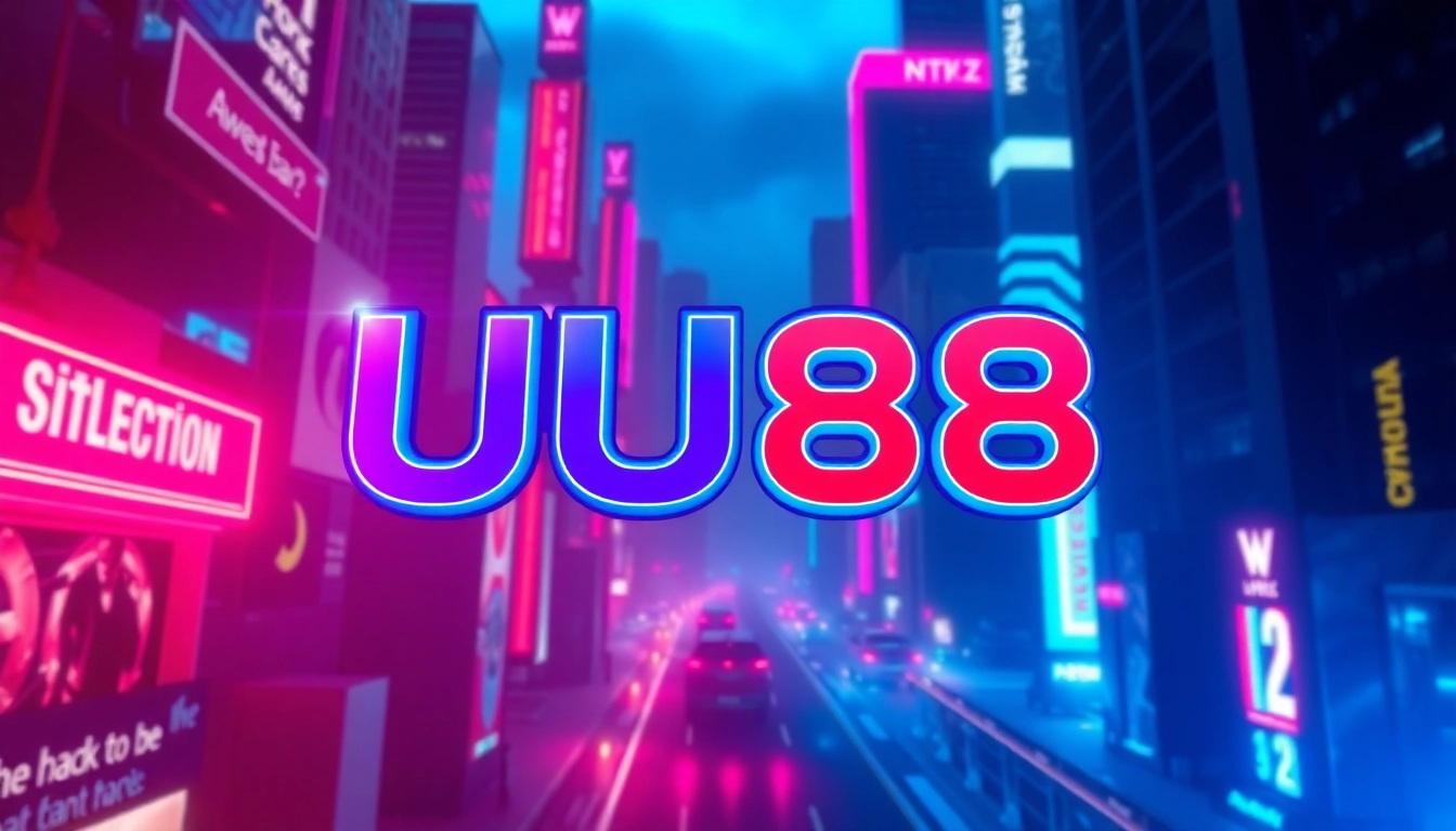 Brightly lit UU88 logo on a futuristic gaming interface, emphasizing online casino and entertainment features.