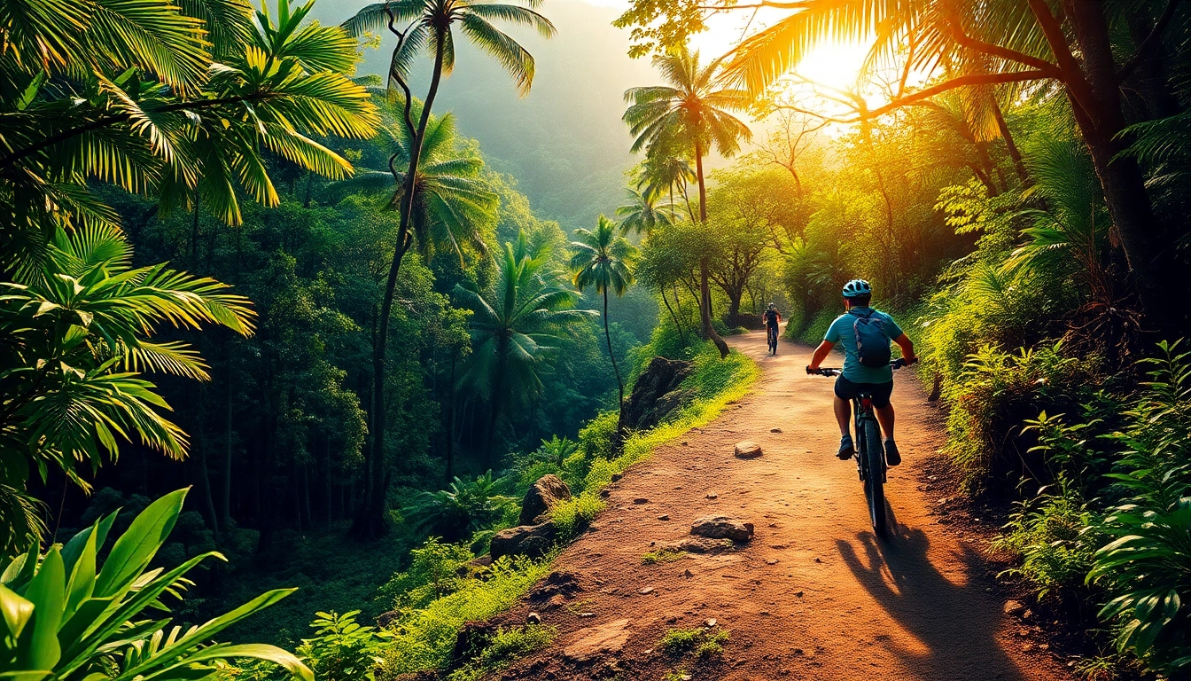 A cyclist riding a Trek mountain bike along a lush forest trail, showcasing adventure and outdoor exploration in Indonesia.