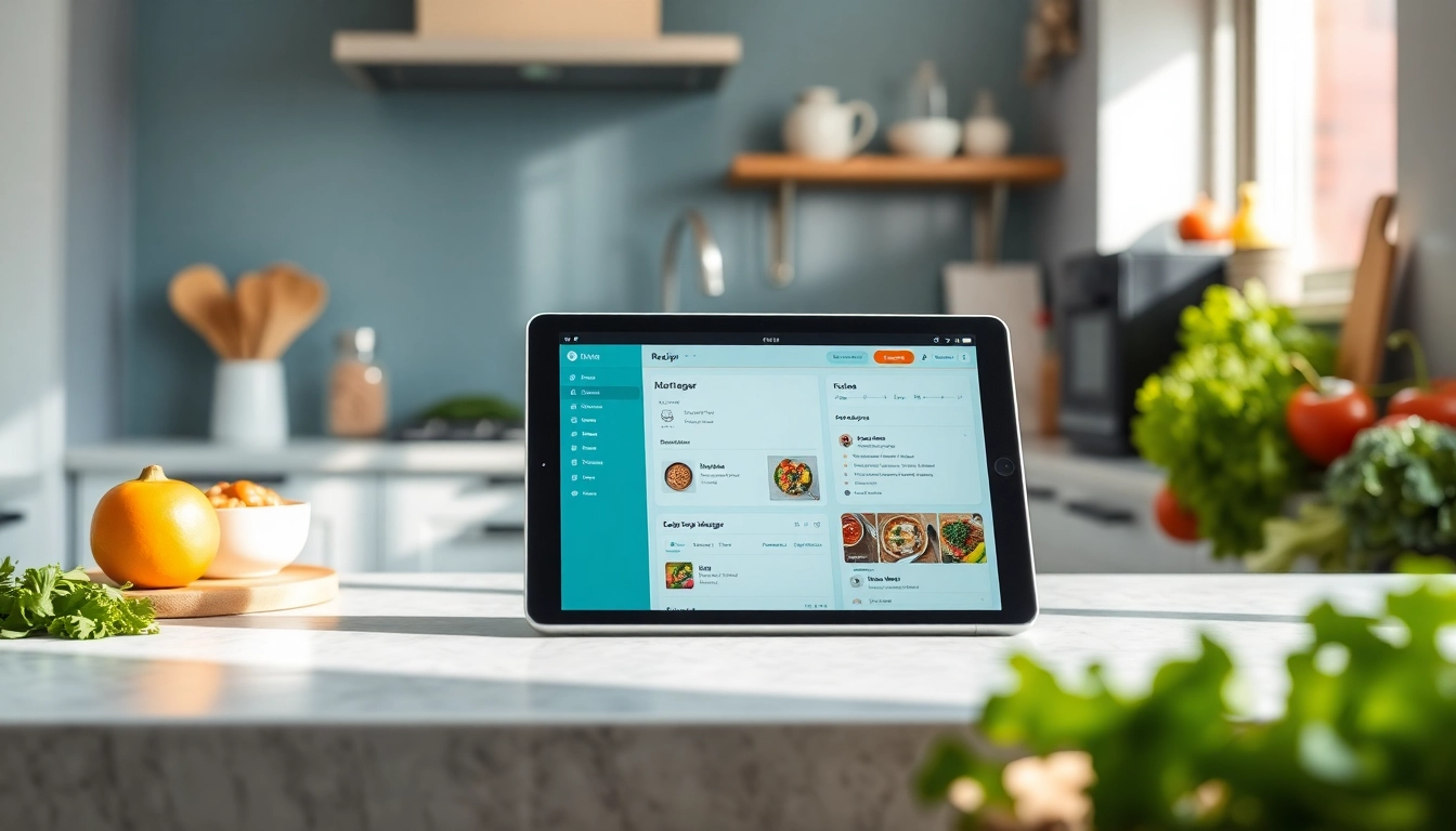 Screenshot of a user-friendly recipe manager app on a tablet with fresh ingredients and cooking tools.