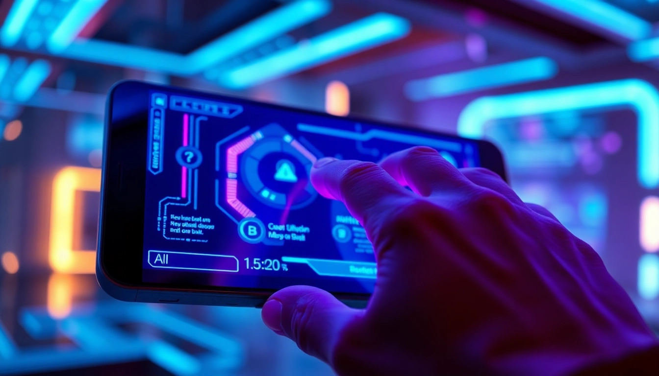 Close-up of a hand interacting with a neon-lit AI interface on a digital screen in a high-tech environment.