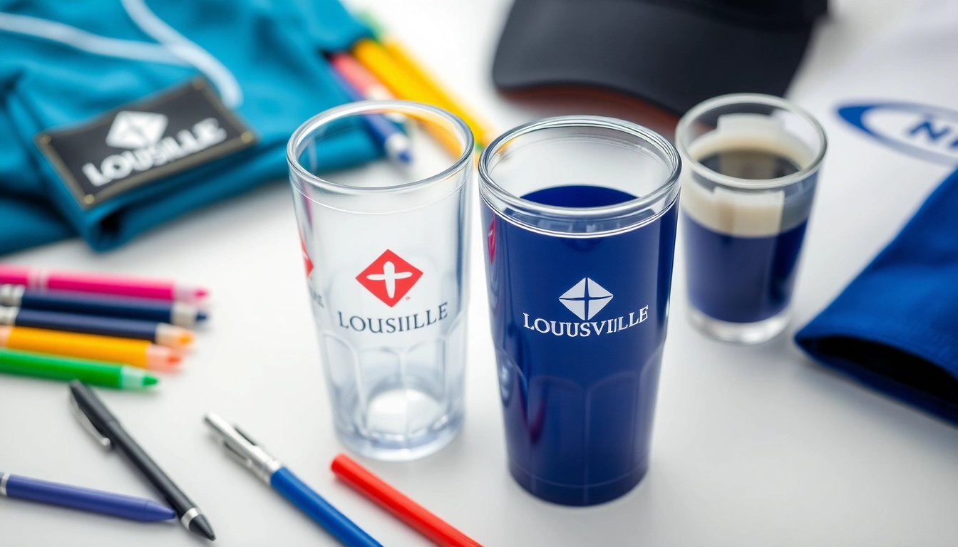 Showcase of promotional products in Louisville including branded pens, drinkware, and apparel to boost brand visibility and customer engagement.