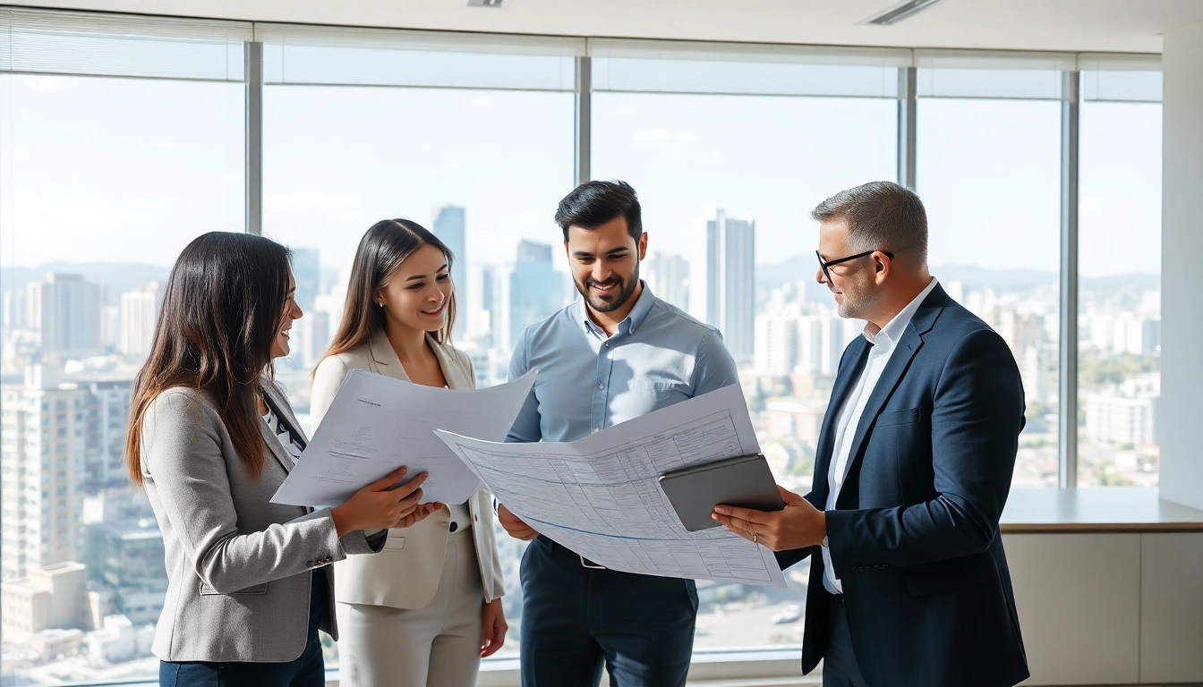 Professional property managers collaborating on strata management plans against Vancouver skyline; expert team ensuring compliance and quality service