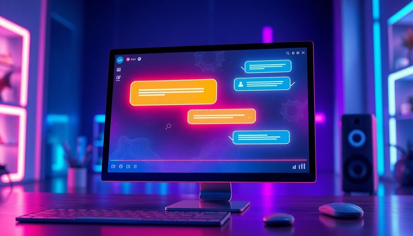 An illustration of a computer screen showing an AI chat interface with glowing text bubbles in a futuristic workspace.