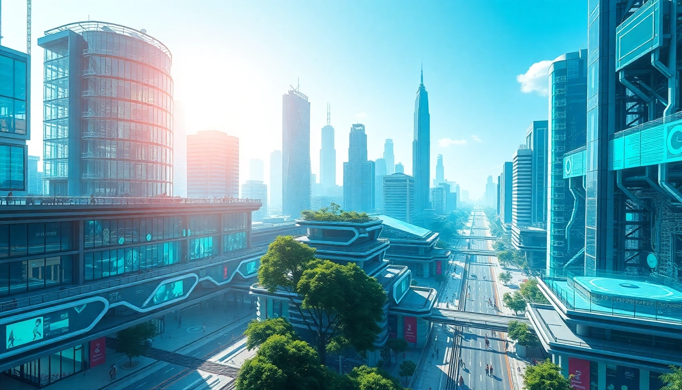 Showcase the transformative technology capabilities in a vibrant futuristic cityscape.