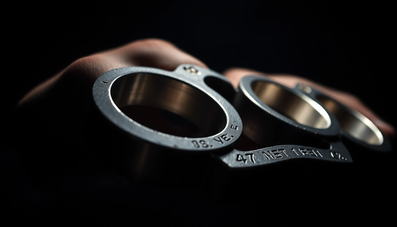 Brass knuckles in action, gripping a fist, showcasing metallic shine and robust design for self-defense or martial arts.
