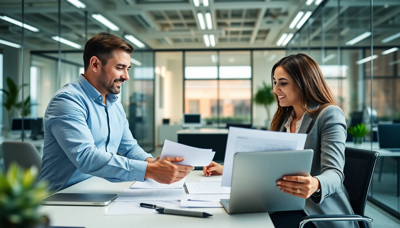 Business loan process illustration showing entrepreneurs reviewing loan approval documents, emphasizing confidence and financial planning.