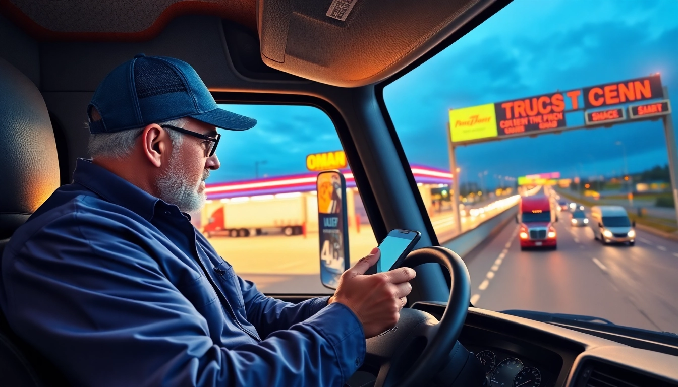 Truckers sharing honest reviews at a busy truck stop, highlighting amenities and community connection.