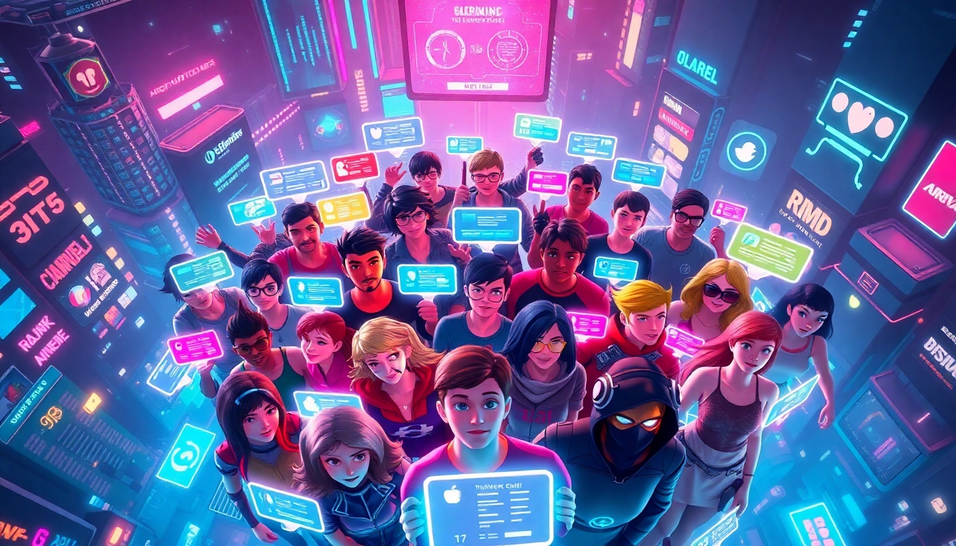 Illustration of a virtual social media universe with avatars, holograms, and vibrant digital cityscape