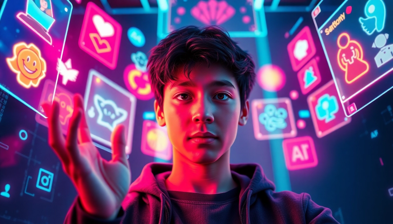 An animated depiction of a person engaging with holographic social media interfaces filled with fandom symbols and glowing AI elements in a futuristic digital environment.