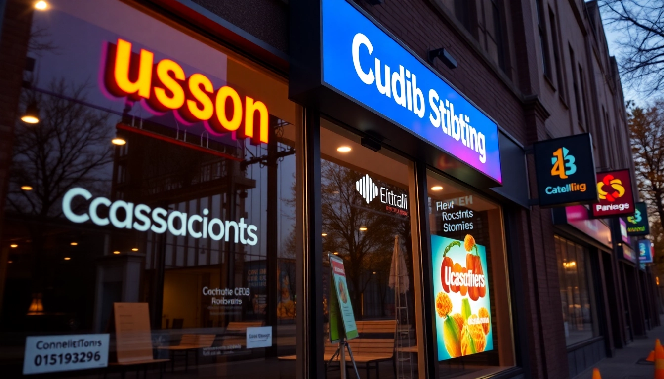 High-quality custom signs on a business facade, featuring illuminated, modern designs to attract customers and enhance branding.