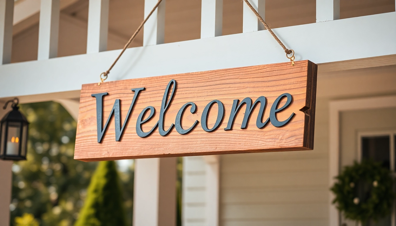 Warm wooden welcome signs hanging on a front porch, inviting outdoor decor accent