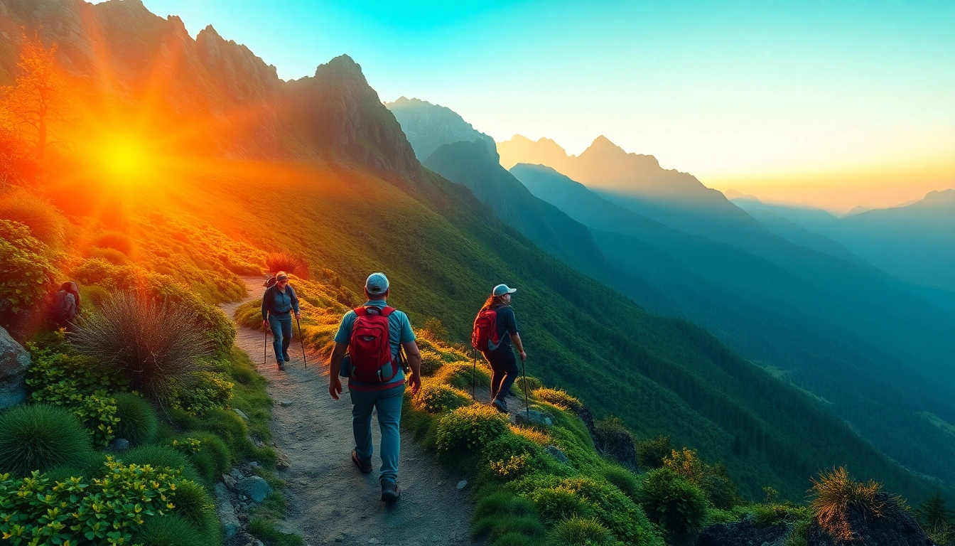 Guided hike featuring a professional trail guide leading hikers along scenic mountain terrain, showcasing nature and adventure.