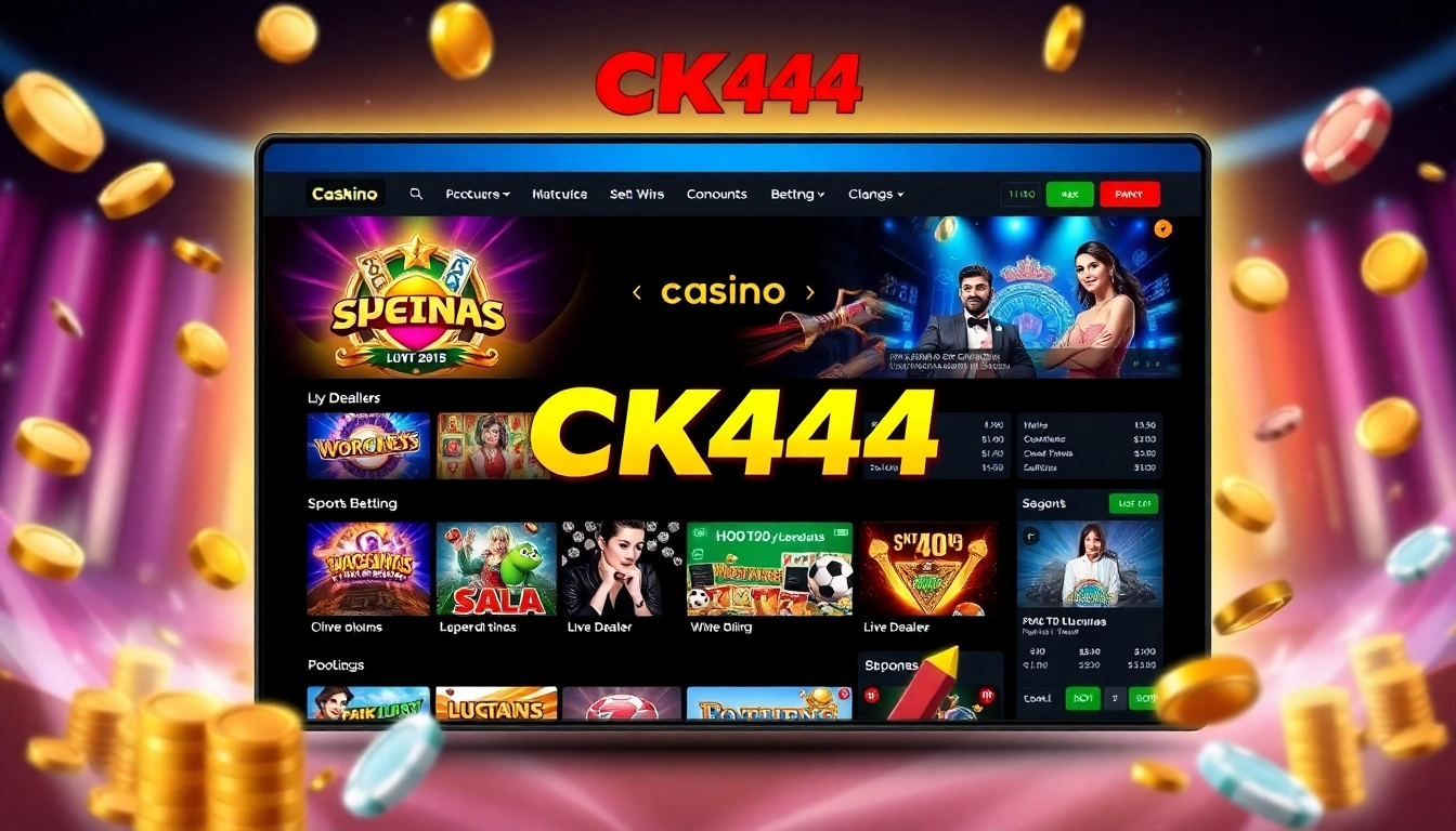CK444 online gaming platform featuring live casino tables and colorful slot machines for engaging entertainment.