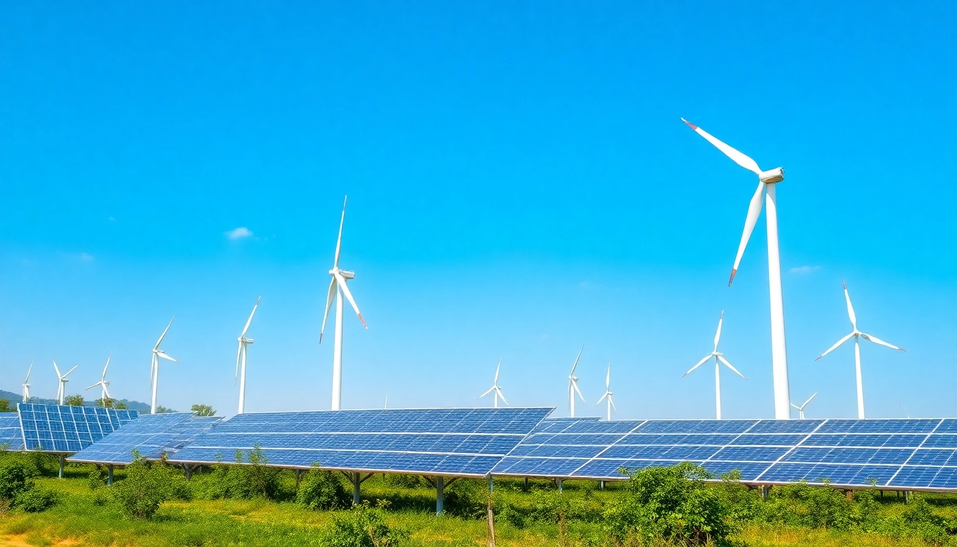 Renewable energy harnessed from natural sources like solar panels and wind turbines actively generating clean power in an eco-friendly environment for a sustainable future.