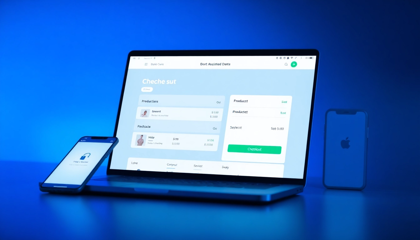 technology-enabled checkout: shopper completes a secure purchase on a responsive UI.