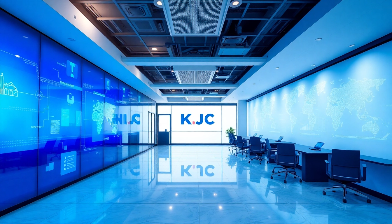 KJC logo displayed on a sleek digital screen, symbolizing innovation and connectivity in digital entertainment.