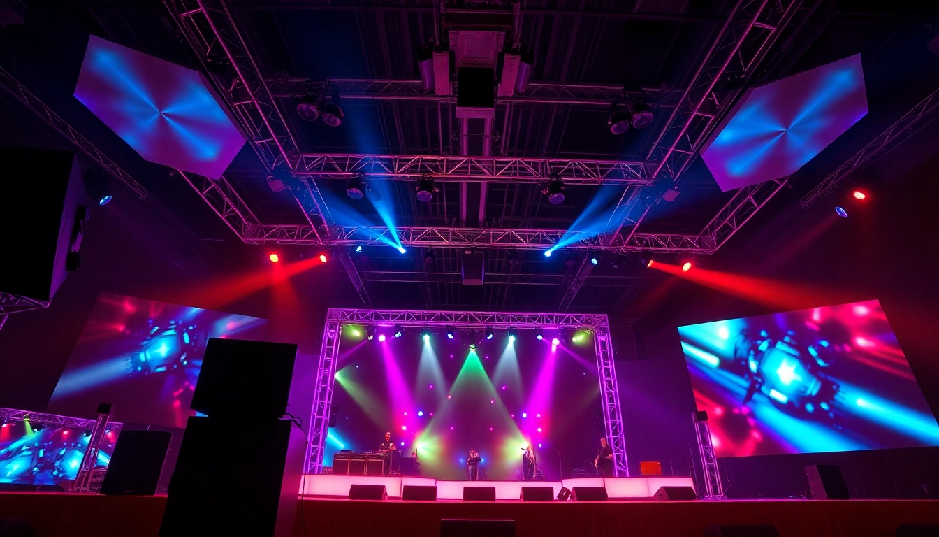 Professional Veranstaltungstechnik Köln setup with stage, lighting, and sound equipment creating an engaging event atmosphere.