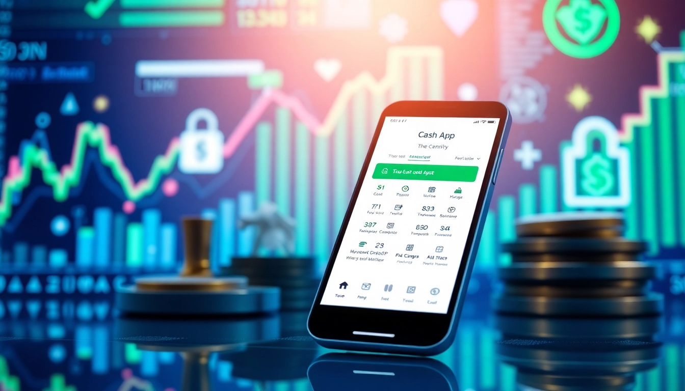 Close-up of a smartphone displaying the Cash App interface with financial charts in the background.