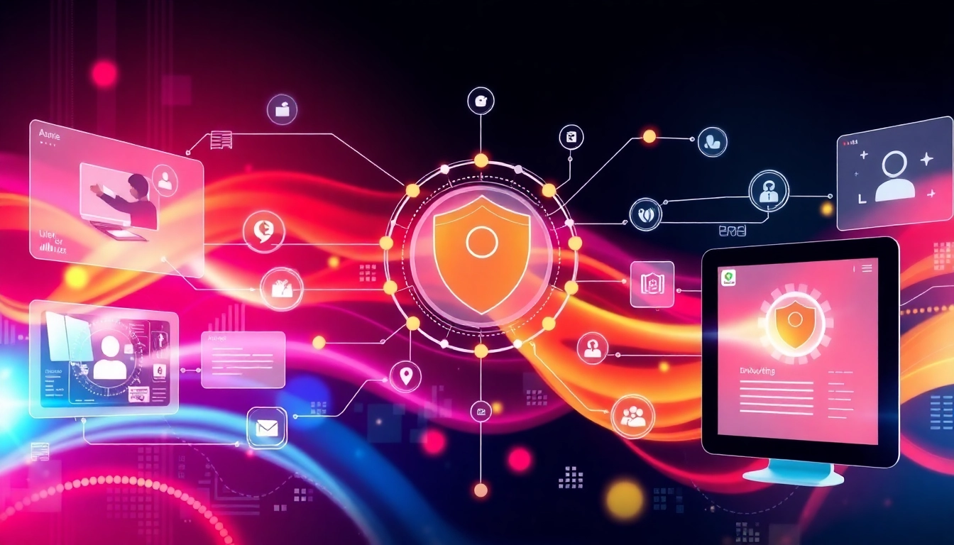 KJC logo surrounded by digital icons representing connectivity, innovation, and security, symbolizing a leading tech-entertainment alliance.