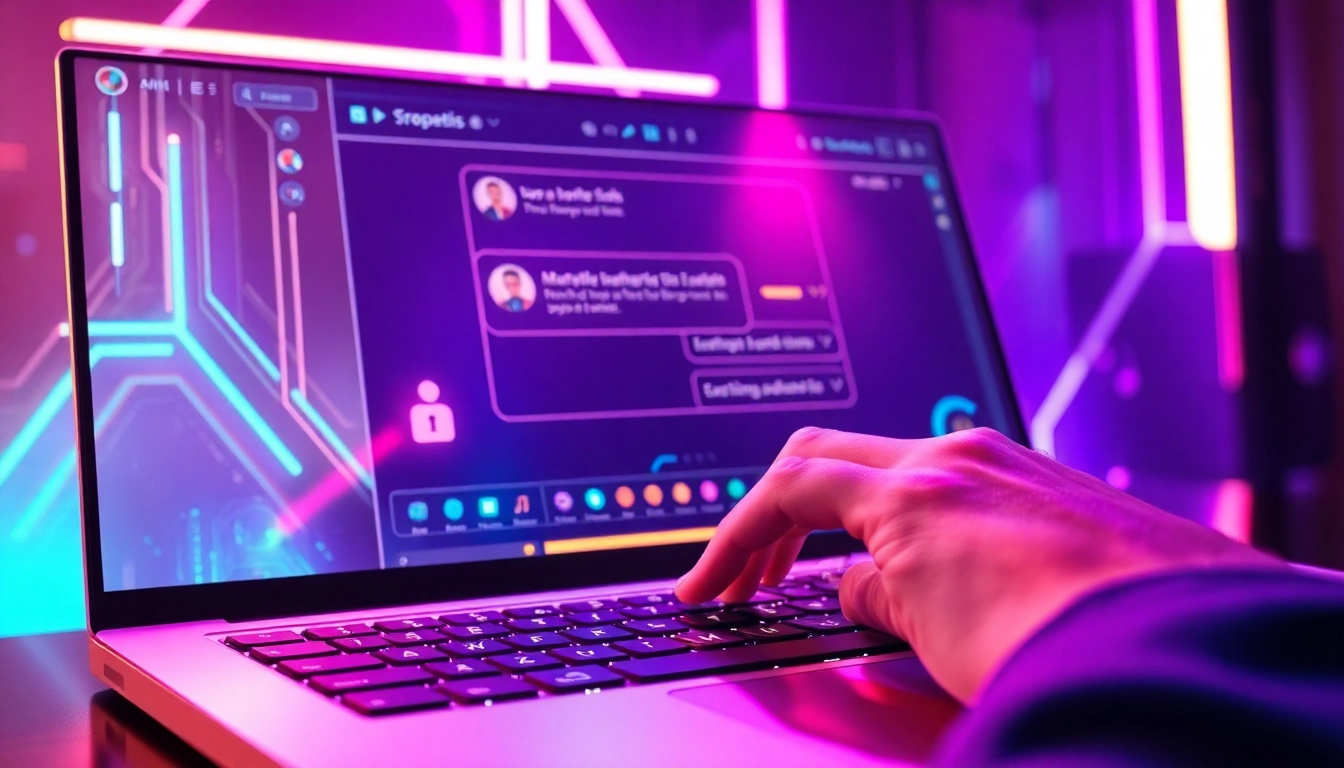 An illustration of a futuristic chat interface with vibrant neon lights, showing a user interacting with an AI character on a holographic screen, emphasizing a high-tech and intimate atmosphere.
