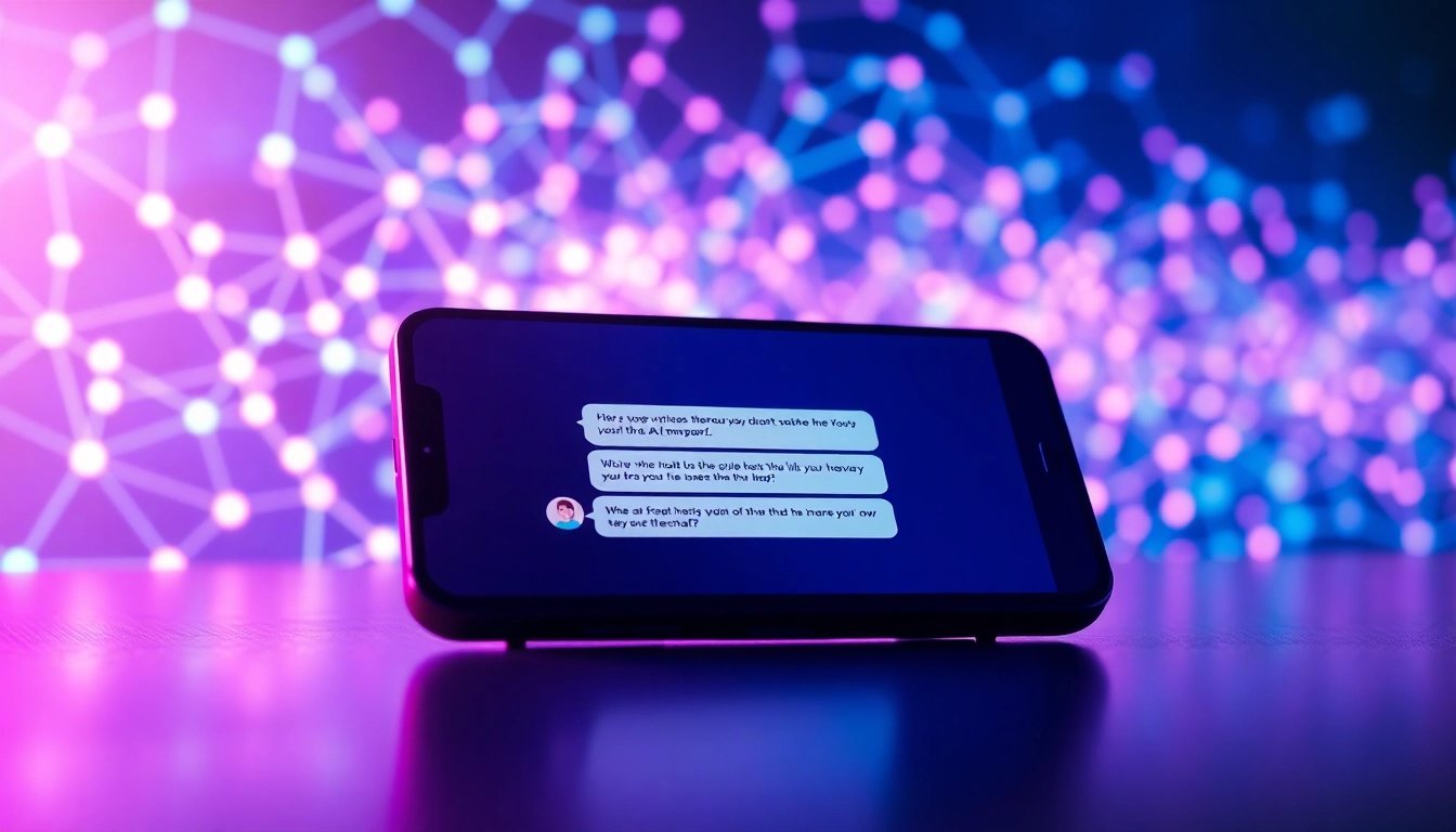 Futuristic chat interface on a modern device with glowing digital elements and AI conversation visuals.