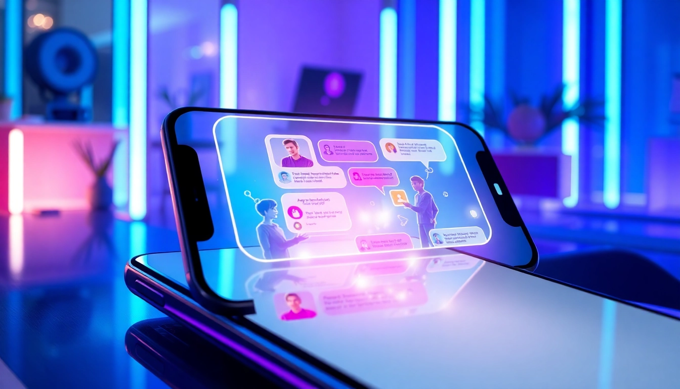 Futuristic smartphone displaying AI chat interface with colorful avatars and holographic elements