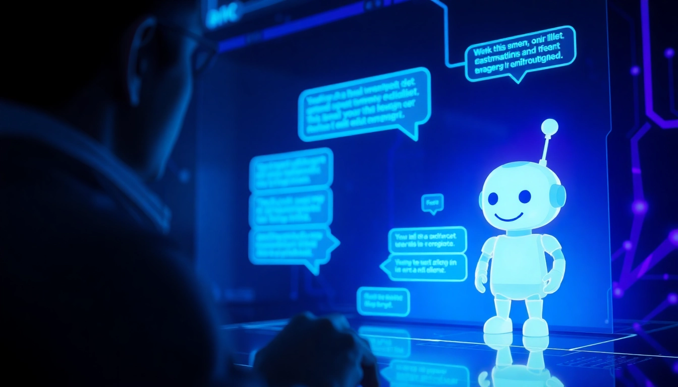 An illustration of a person engaging with a glowing AI chatbot in a futuristic digital environment, emphasizing technology and intimacy.