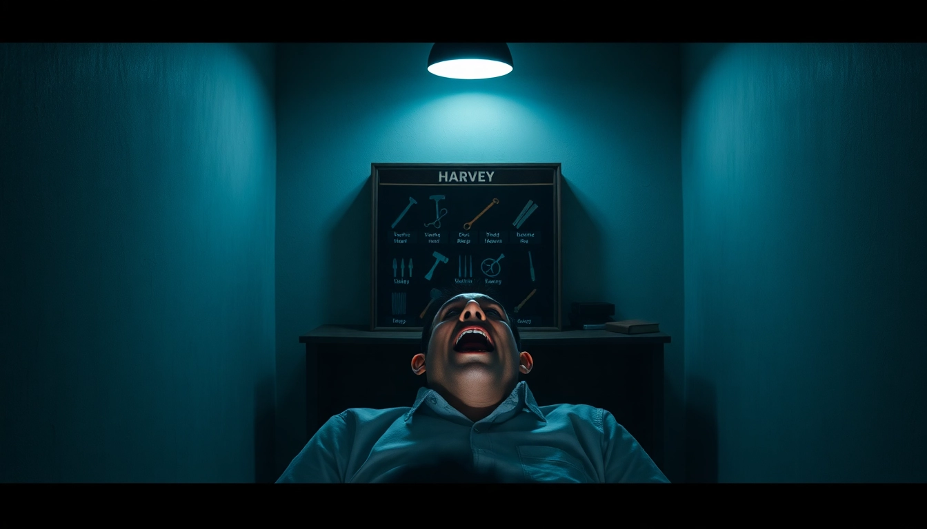 A disturbing scene of a cheerful cartoon character Harvey with a sinister smile in a clinical room, with a dark shop menu in the background showing violent tools.