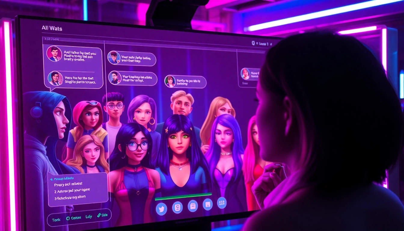 Futuristic digital chat interface showcasing customizable AI characters in a vibrant, neon-lit setting.