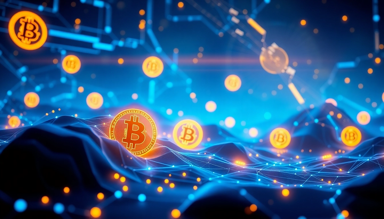 Dynamic cryptocurrency scene showing Bitcoin and digital network, emphasizing the growth of