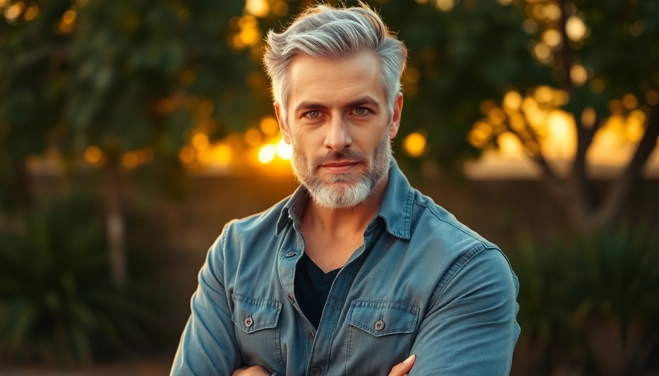 A handsome mature man with salt-and-pepper hair and a confident stance outdoors at sunset.