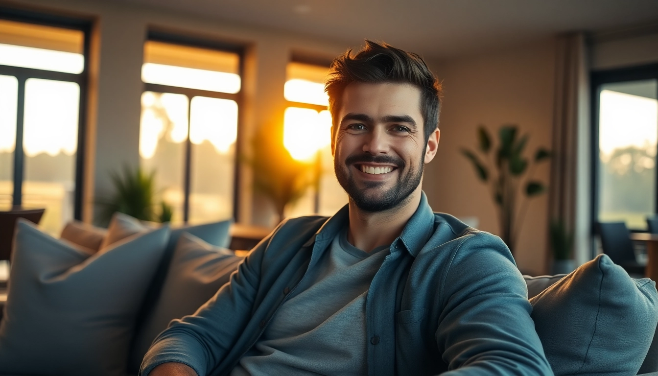 A confident man relaxing in a cozy, warmly lit living room at sunset