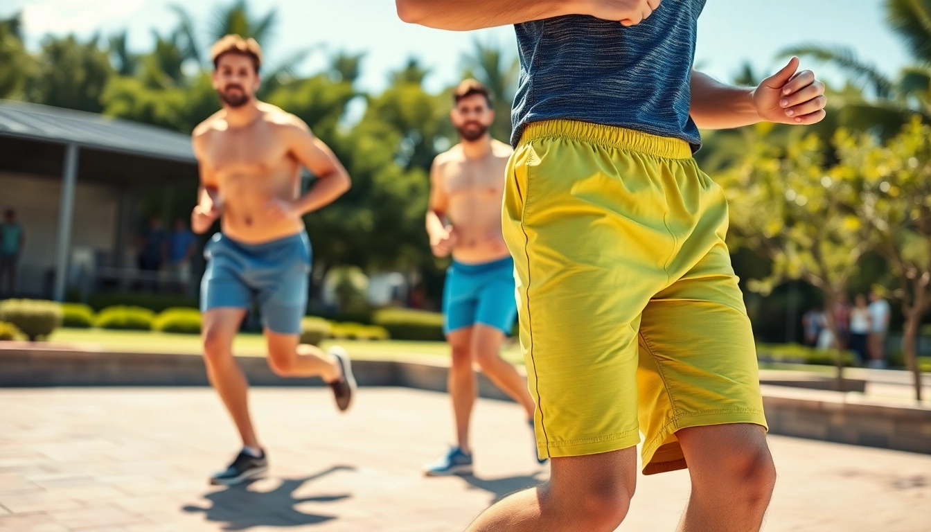 Close-up of men's shorts being worn by an active man, highlighting fabric texture, fit, and style details for sport and casual wear.