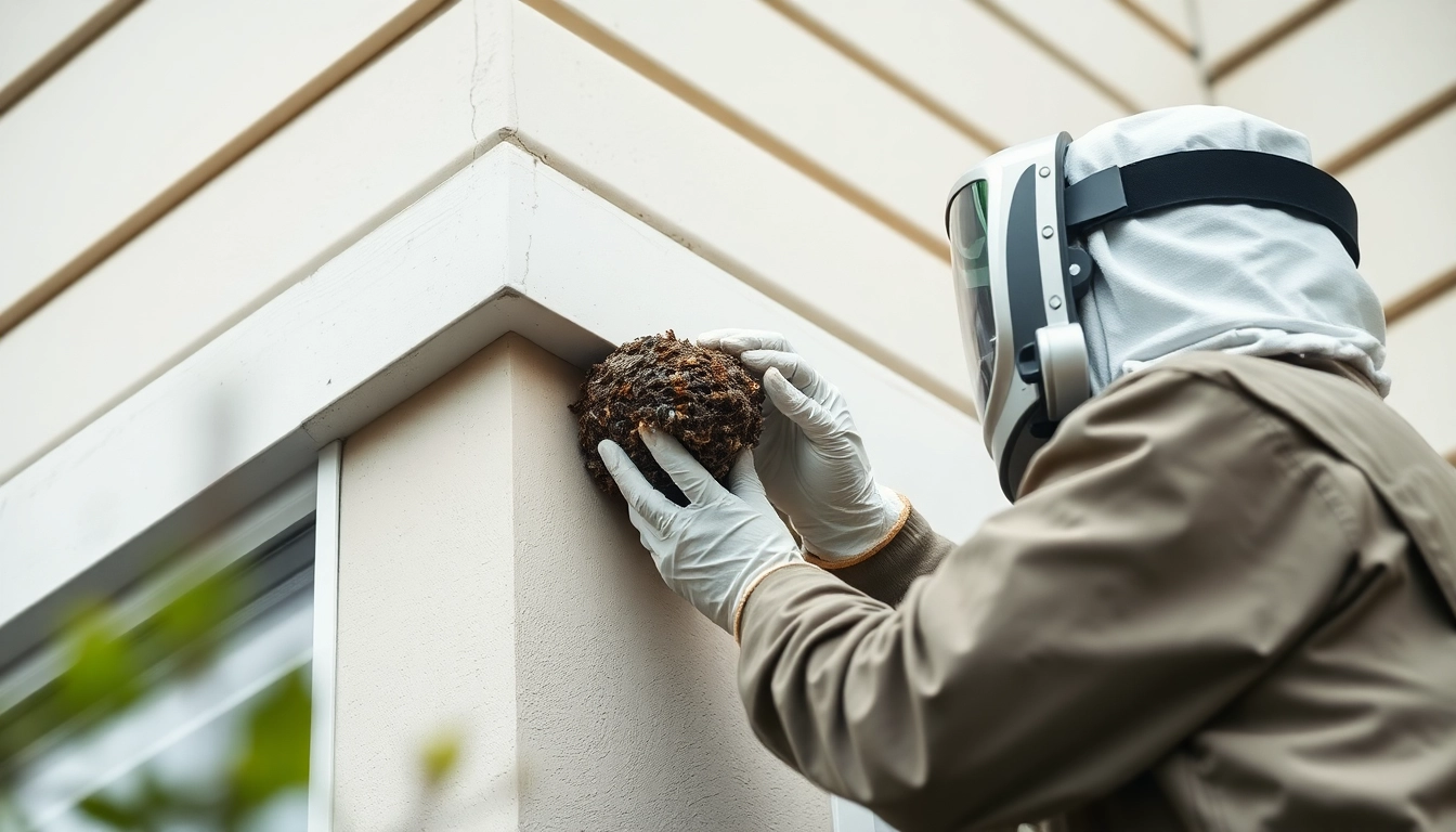 Effektieve wespen bestrijden door experts die een nest veilig verwijderen uit een gevel, inzet van professionele techniek voor milieuvriendelijk resultaat.