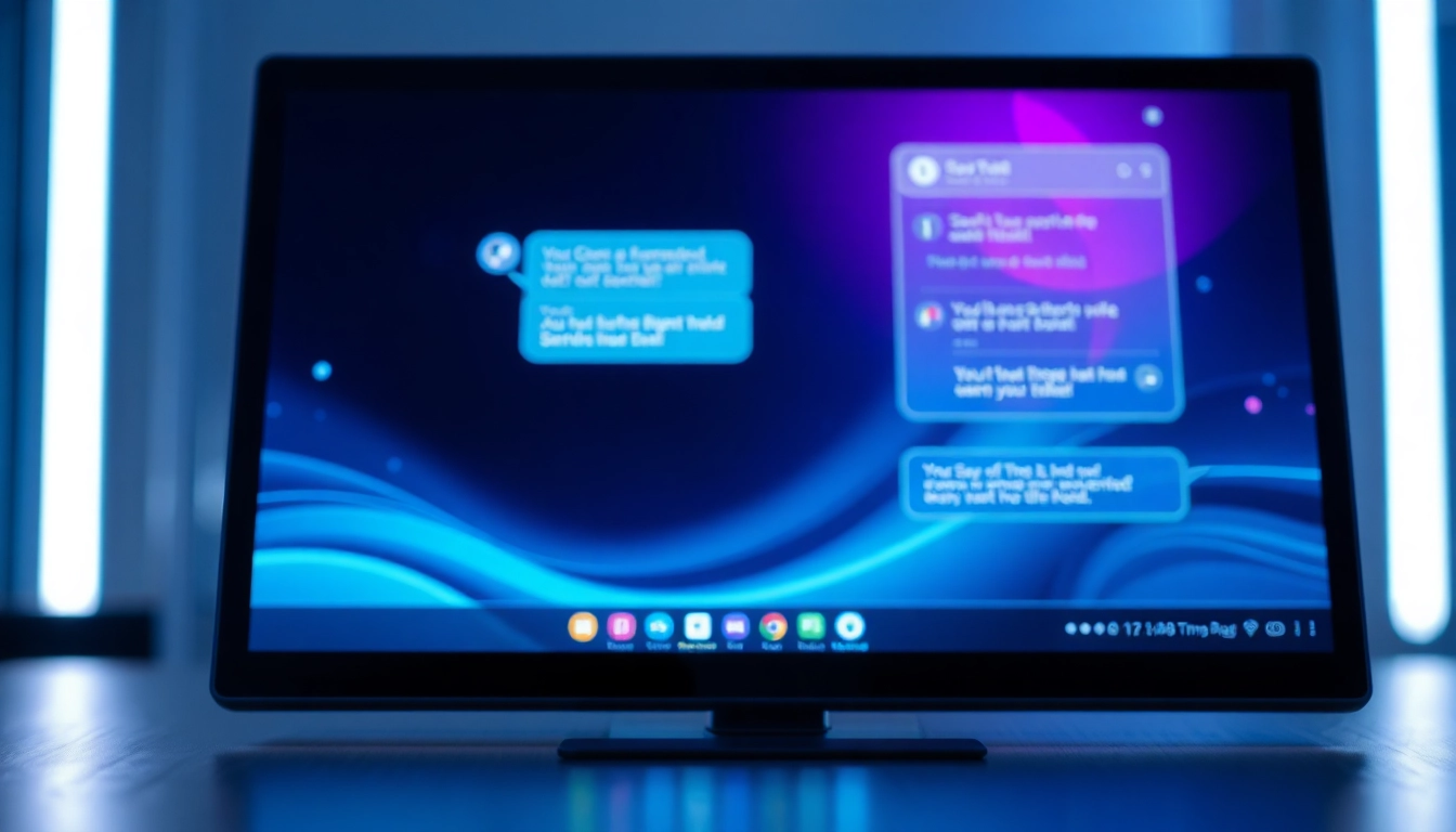 Close-up of a futuristic AI chatbot interface on a device screen with neon accents and digital elements.