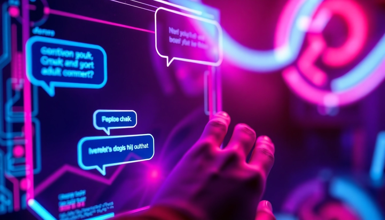 Futuristic AI holographic interface with neon lights representing adult chat interactions