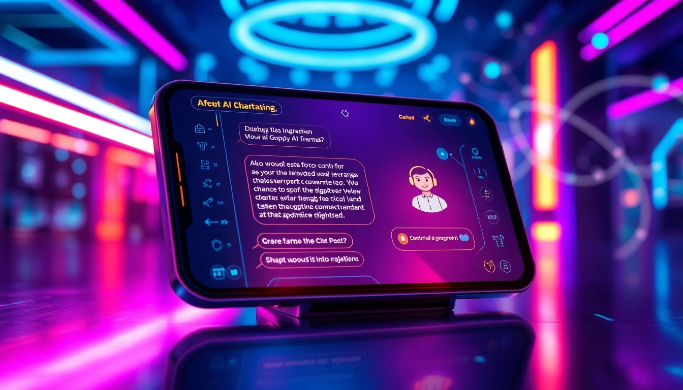 Futuristic digital scene of an AI chatbot interface with neon accents and holographic data streams.