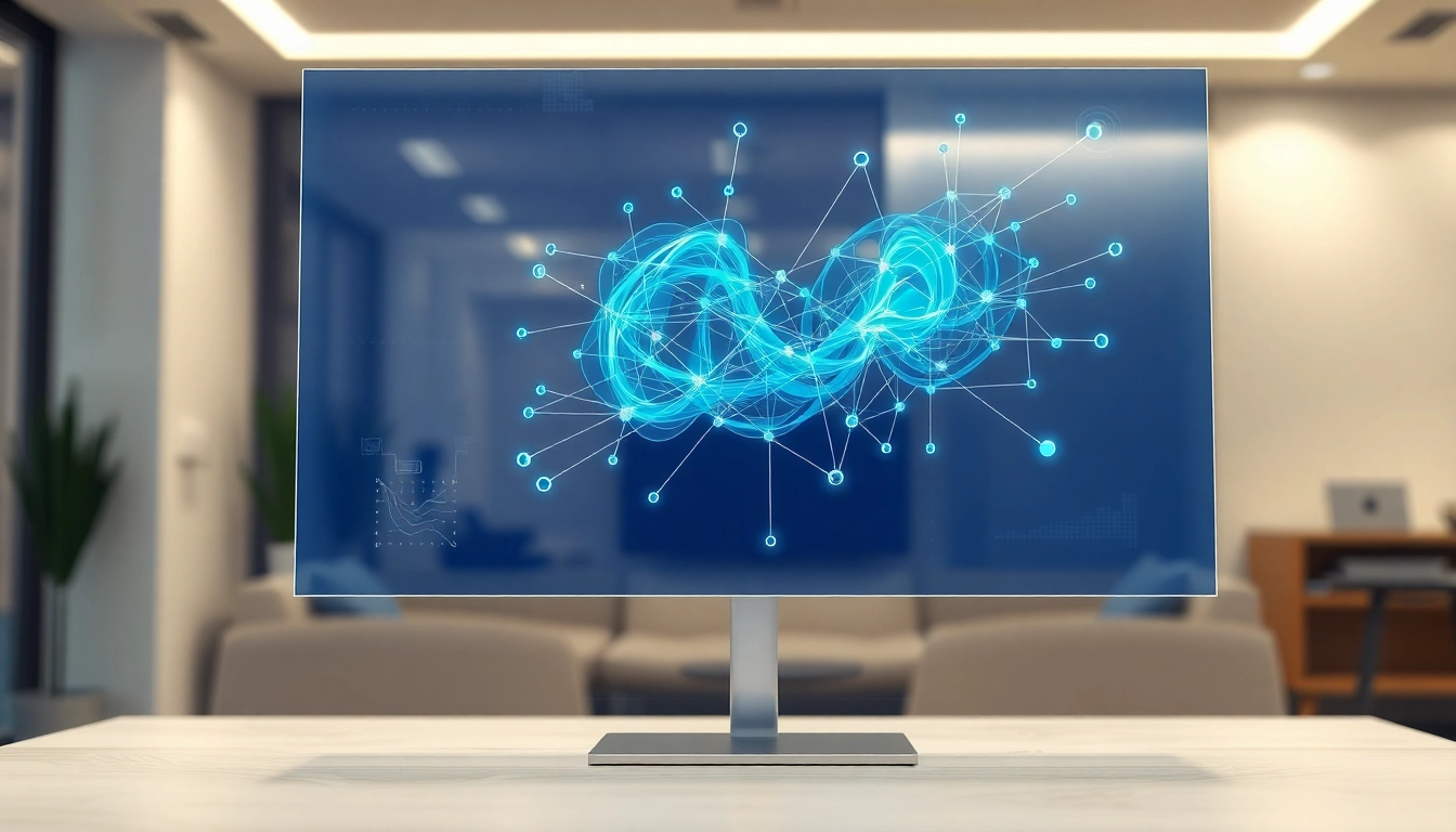 Futuristic AI interface hologram displaying complex reasoning and spatial awareness in a modern workspace.