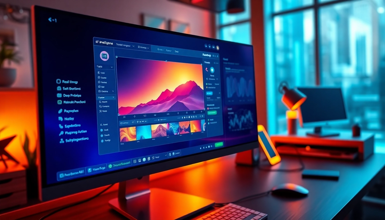 A futuristic computer screen displaying the Nano Banana AI interface with advanced editing tools and vibrant, glowing visuals.