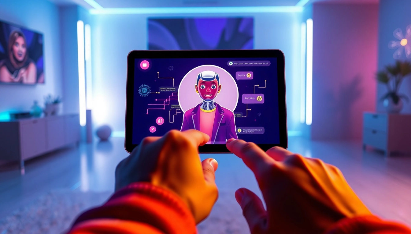 Futuristic AI chat interface on a sleek device with vibrant neon background and digital data streams.
