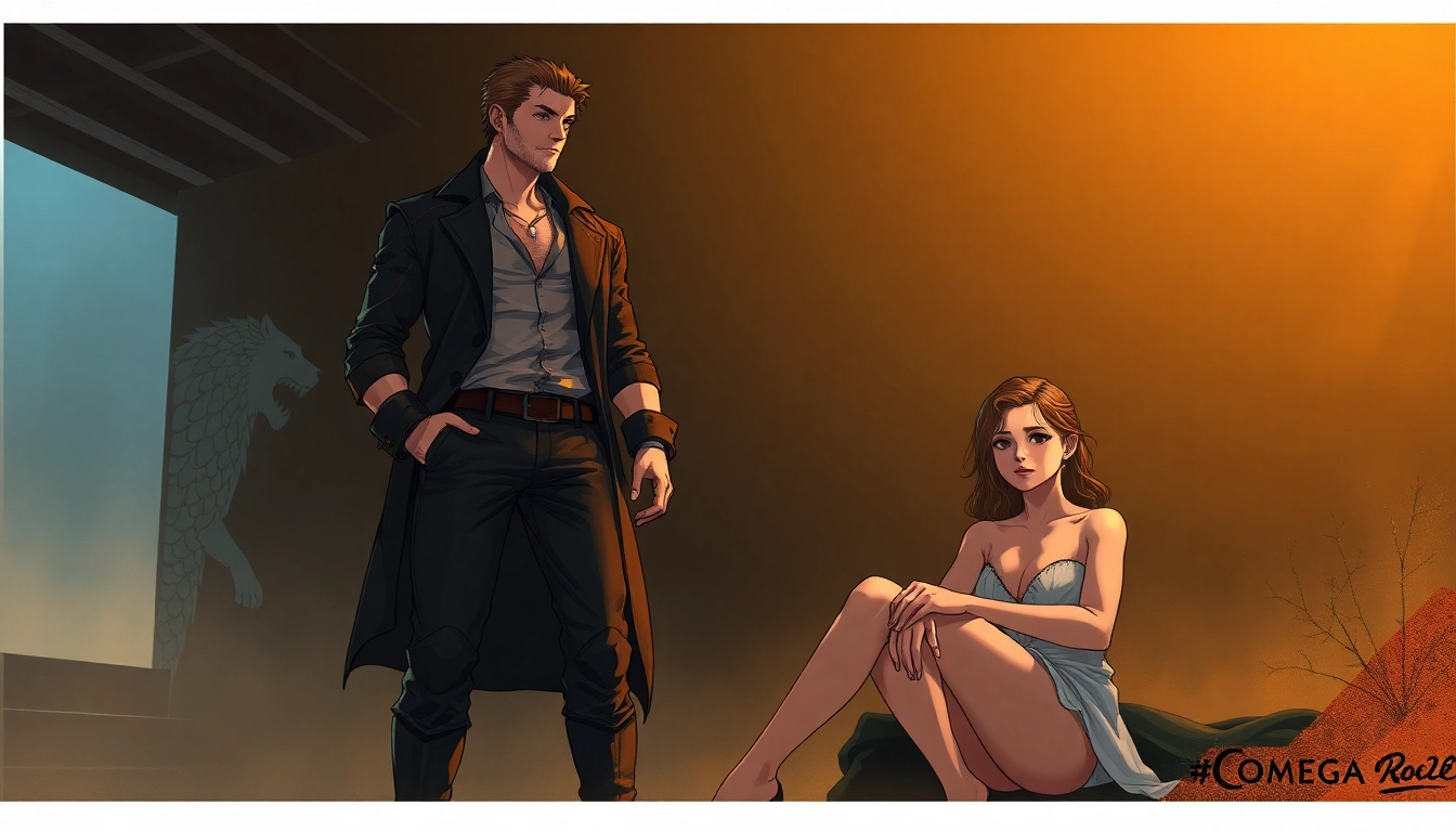 An alpha and omega in a dark, atmospheric setting, illustrating dominance and submission in the Omegaverse universe.