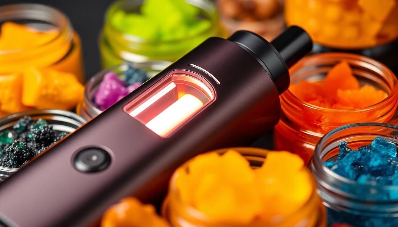 Detailed shot of a whole melts wax vaporizer emitting vapor with colorful live resin and wax concentrates in the background, emphasizing quality and flavor.
