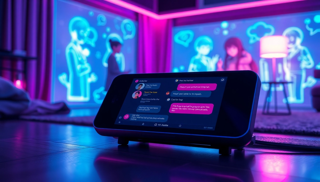 Futuristic chat interface with holographic anime characters in a neon-lit room.